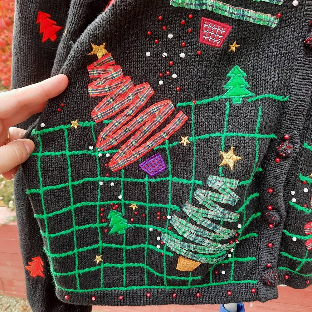 Vintage Ugly Christmas Sweater Tartan Plaid Trees Button Down Cardigan Holiday - Picture 7 of 13